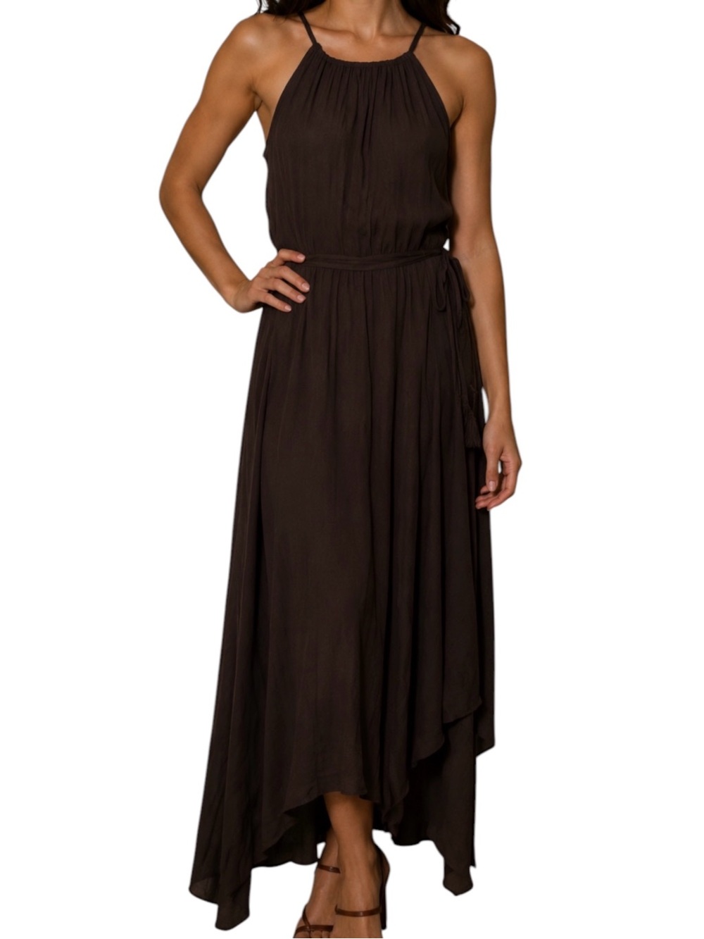 CALYPSO ST BARTH Brown Silky Tie Waist Maxi Dress XS